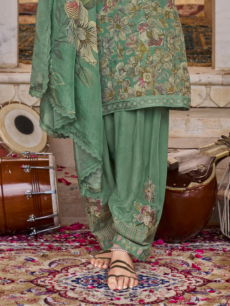 Green Printed Tissue Organza Unstitched Suit Set with Zari and Intricate Embroidery