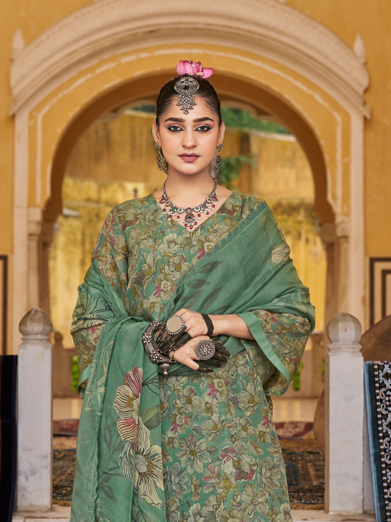 Green Printed Tissue Organza Unstitched Suit Set with Zari and Intricate Embroidery