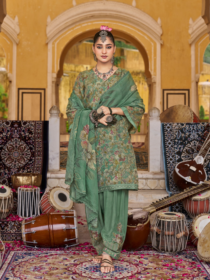 Green Printed Tissue Organza Unstitched Suit Set with Zari and Intricate Embroidery